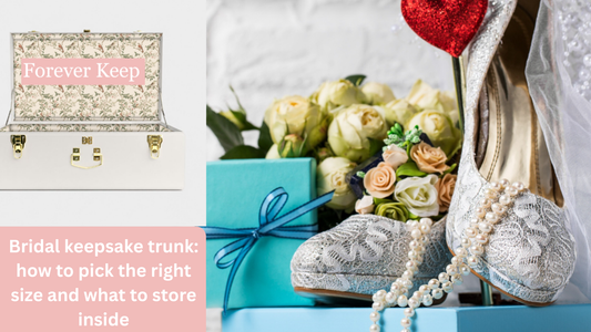Bridal Keepsake Trunk with wedding dress, veil, invitations, photos, and wedding keepsakes inside
