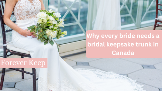 Bride holding a bridal keepsake trunk filled with wedding mementos