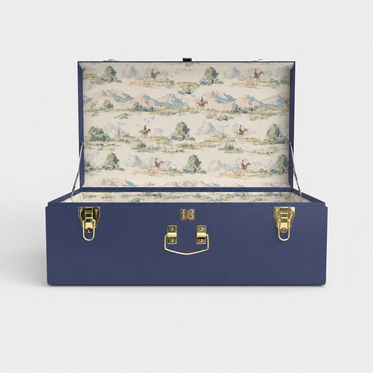 Navy blue suitcase with patterned interior on a white background