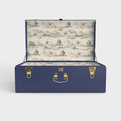 Navy blue suitcase with patterned interior on a white background