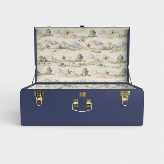Navy blue suitcase with patterned interior on a white background